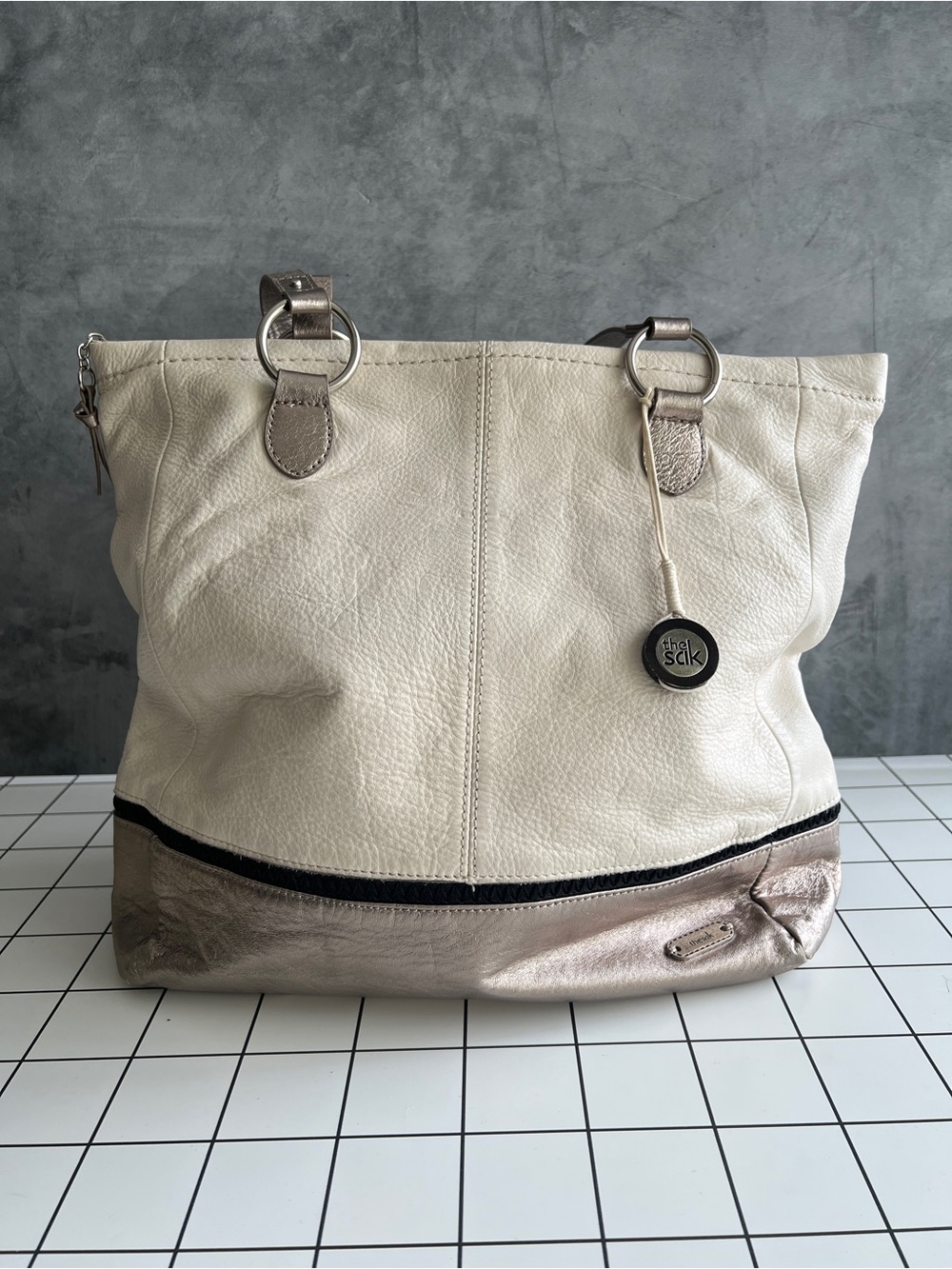 The Sak White & Metallic Gold Tote Bag With Zip top NWOT